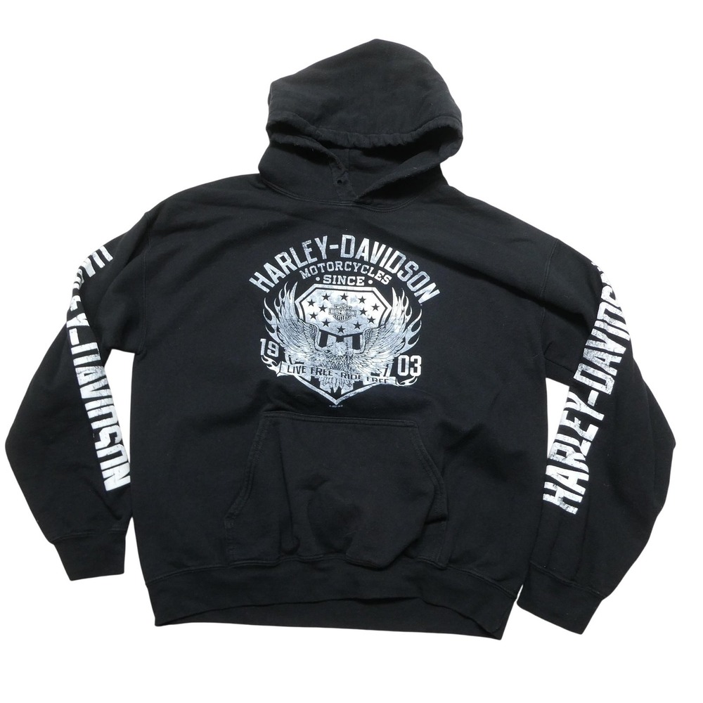 Harley-Davidson Hoodie Sweatshirt Mens Large Black Military Fleece Pullover